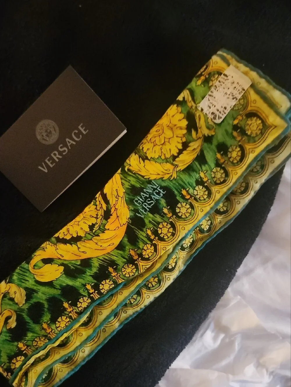 Versace Green and Yellow Baroque Leopard Print Silk Scarf